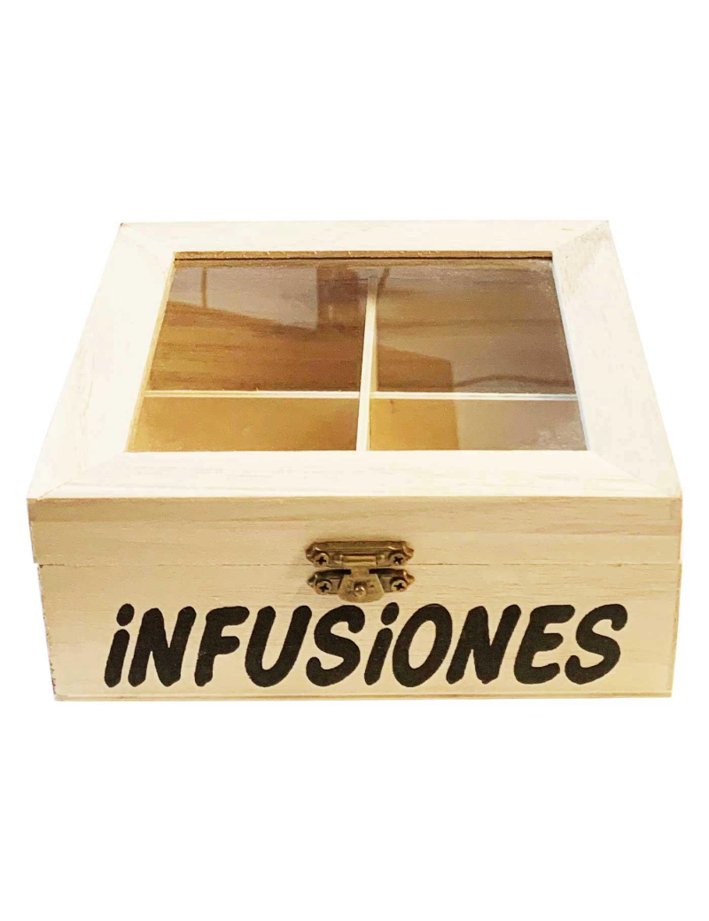 Caja de madera infusiones con 4 compartimentos 6.4 x 15.8 x 14 cm. Caja,  cofre para decorar con tapa, almacenaje té, café