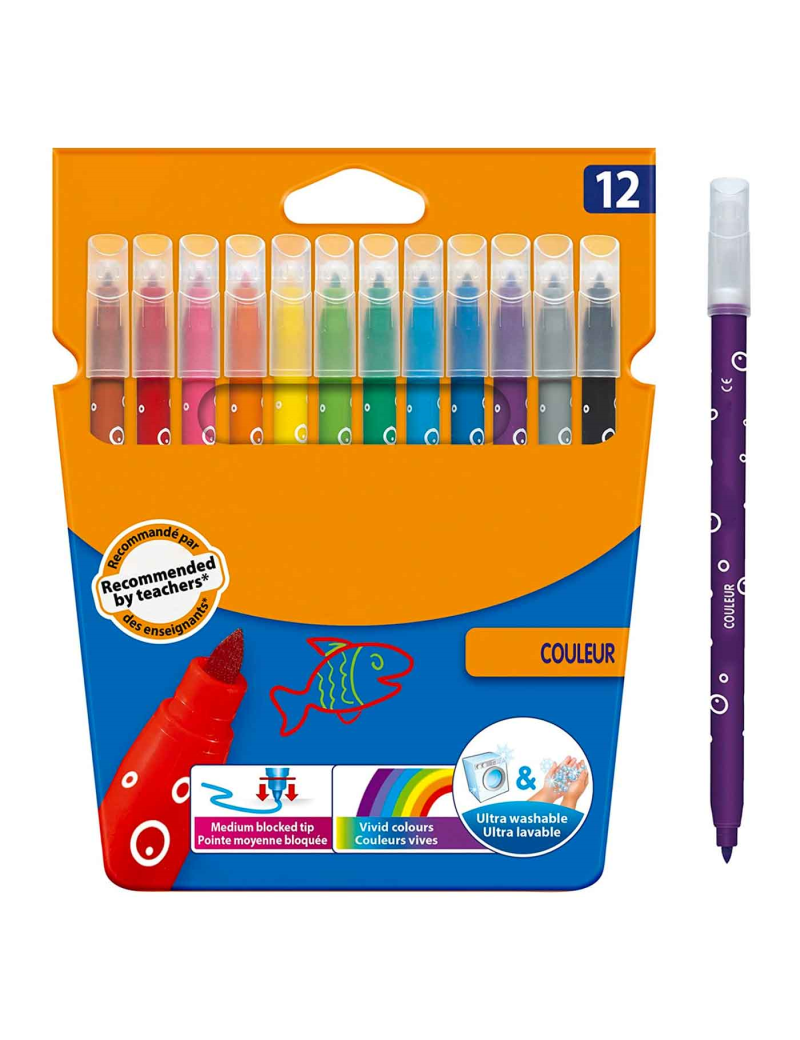 Caja de rotuladores de colores - 12 Colores llamativos - Rotuladores con  base de agua - Punta fina y precisa - Limpi