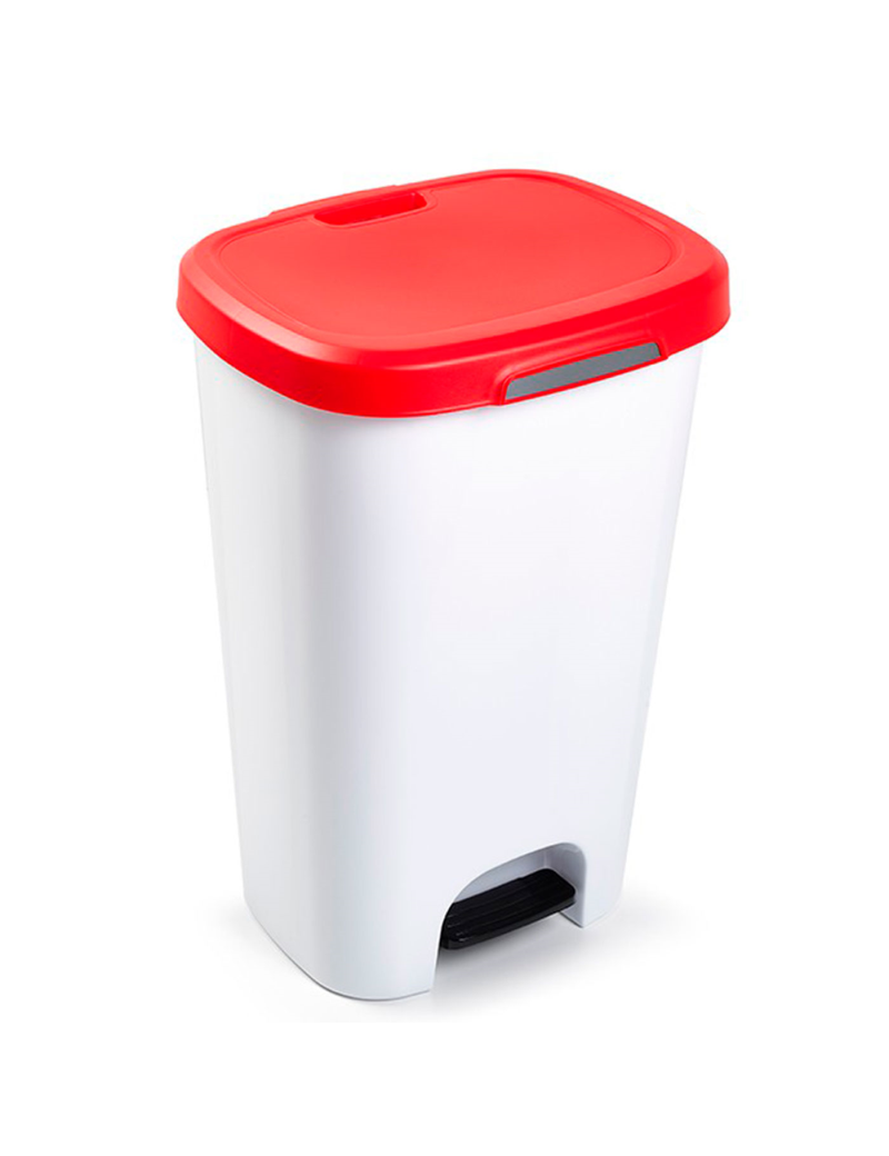 Cubo de basura de plástico con pedal, contenedor de residuos, papelera con  tapa, fabricado en España (Blanco y rojo