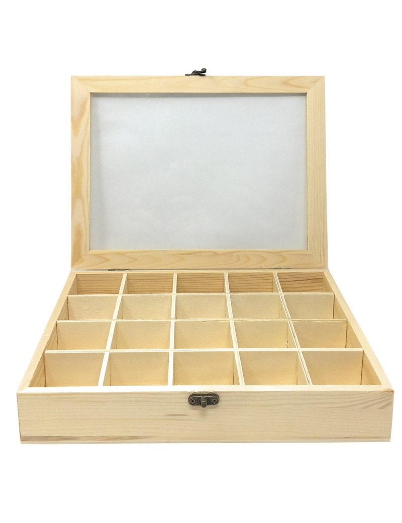 Caja de madera, 20 compartimentos, tapa de cristal, expositor joyas,  organizador, joyero, collares, brazaletes, pendientes, relo