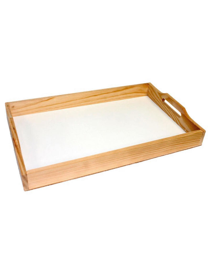 Bandeja de madera con asas 40,2 x 25 x 4 cm, bandeja para servir desayuno  rectangular, fondo blanco lacado, práctica y resistent