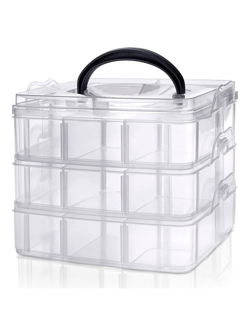 Caja de plástico multiusos, 3 baldas, 18 compartimentos, 15 15 x 12,5 cm, tapa con asa, caja de con