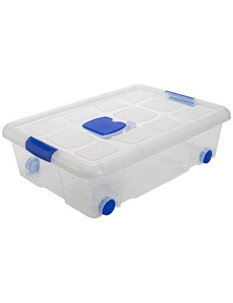 Caja de plastico transparente de almacenamiento con tapa y ruedas nº 6 con  31 litros de capacidad 61.5 x 44 x 17.5 cm (ancho x p