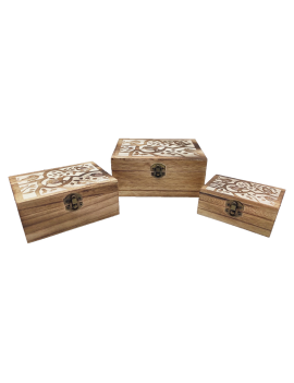 Set de 3 cajas de madera natural con tapa decorada, juego cajas decorativas  sin tratar, cierre metálico, almacenaje