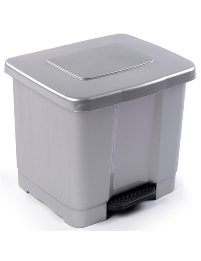 Tradineur - Cubo basura de plástico con pedal, contenedor de residuos,  papelera con tapa, fabricado en España (Gris plata y blan