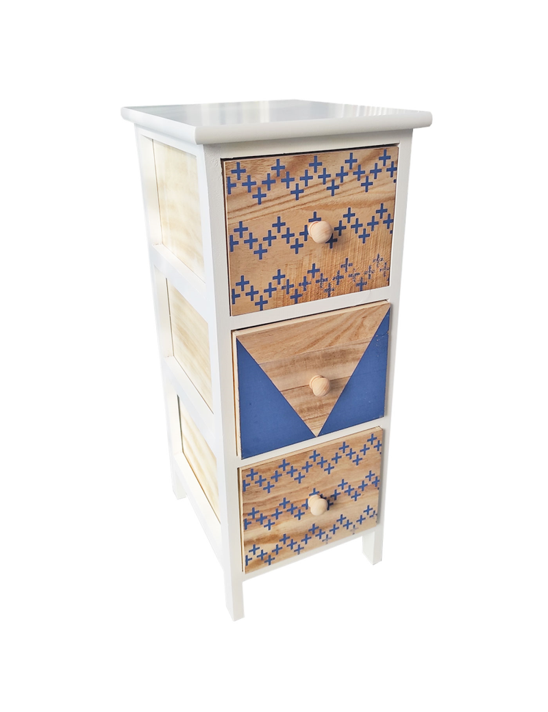 Cajonera blanca de madera, 3 cajones, 62,5 x 26 x 32 cm, diseño con cruces  azules, torre de ordenación, mueble auxiliar almacena