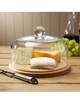 Quesera redonda con tapa fabricada en vidrio y base de madera rectangular -  Recipiente para conservar queso o embuti