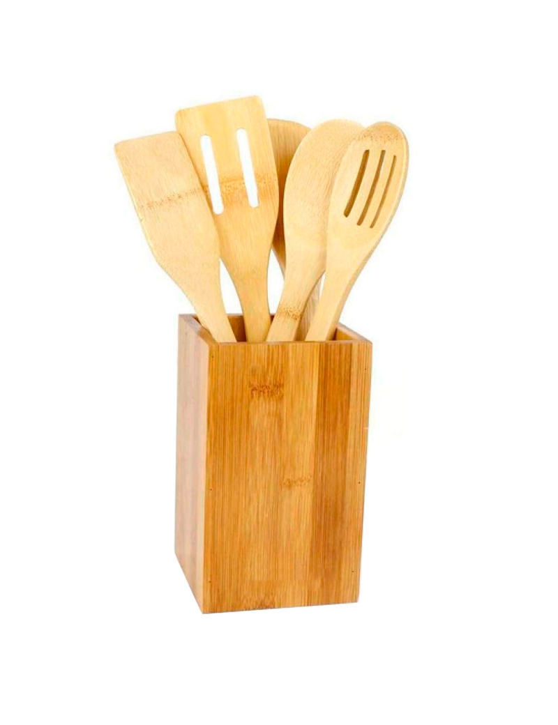 Set de 5 utensilios de cocina, madera de bambú, 30 cm, con soporte de 16 x  10 x 10 cm, cucharas y espátulas ranuradas y lisas co