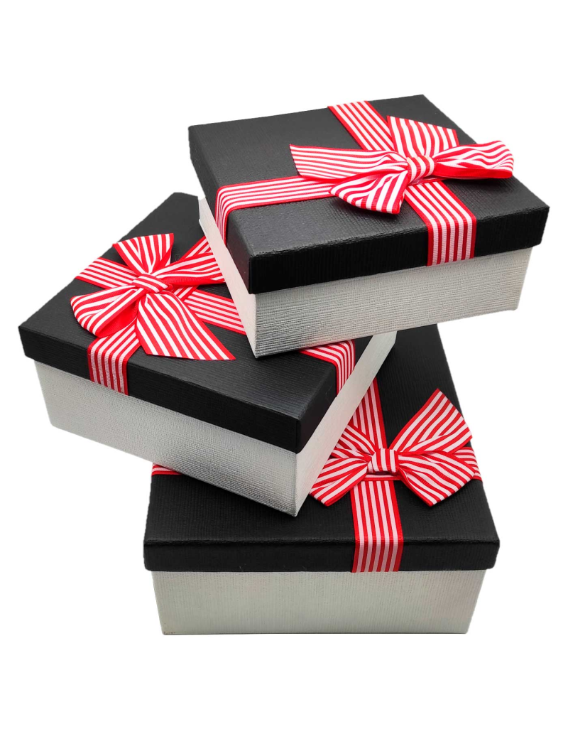 Set de 3 cajas regalo cuadradas con lazo, 3 tamaños distintos