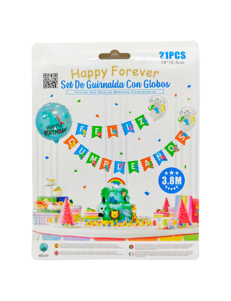 Set de guirnalda con globos coloridos de látex, feliz cumpleaños,  dinosaurios, niños, fiestas, celebraciones (21 piezas, 3,8 met