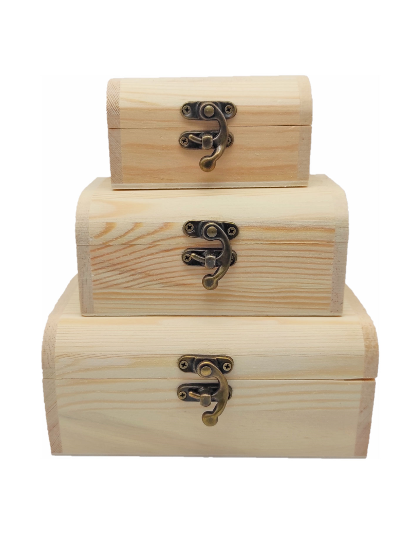 Set de 3 cajas de madera natural, forma de baúl, juego cajas decorativas  sin tratar, cierre metálico, almacenaje objetos, joyas