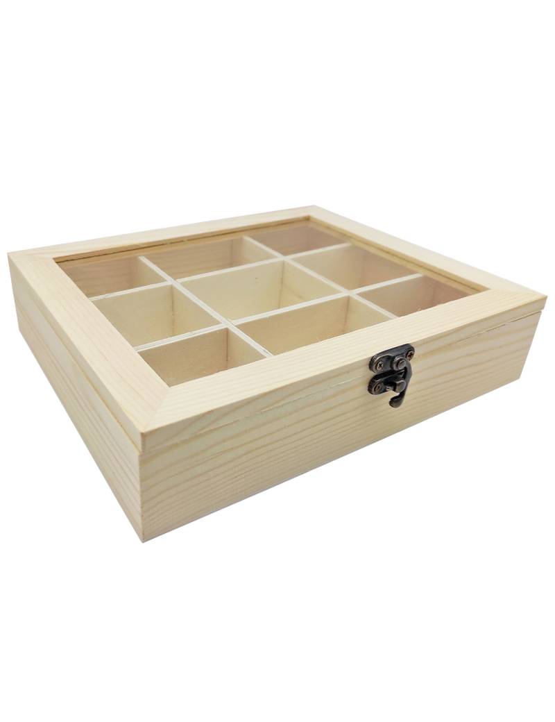 Caja de madera con 9 compartimentos y tapa con cristal, expositor de joyas,  organizador, joyero, collares, relojes