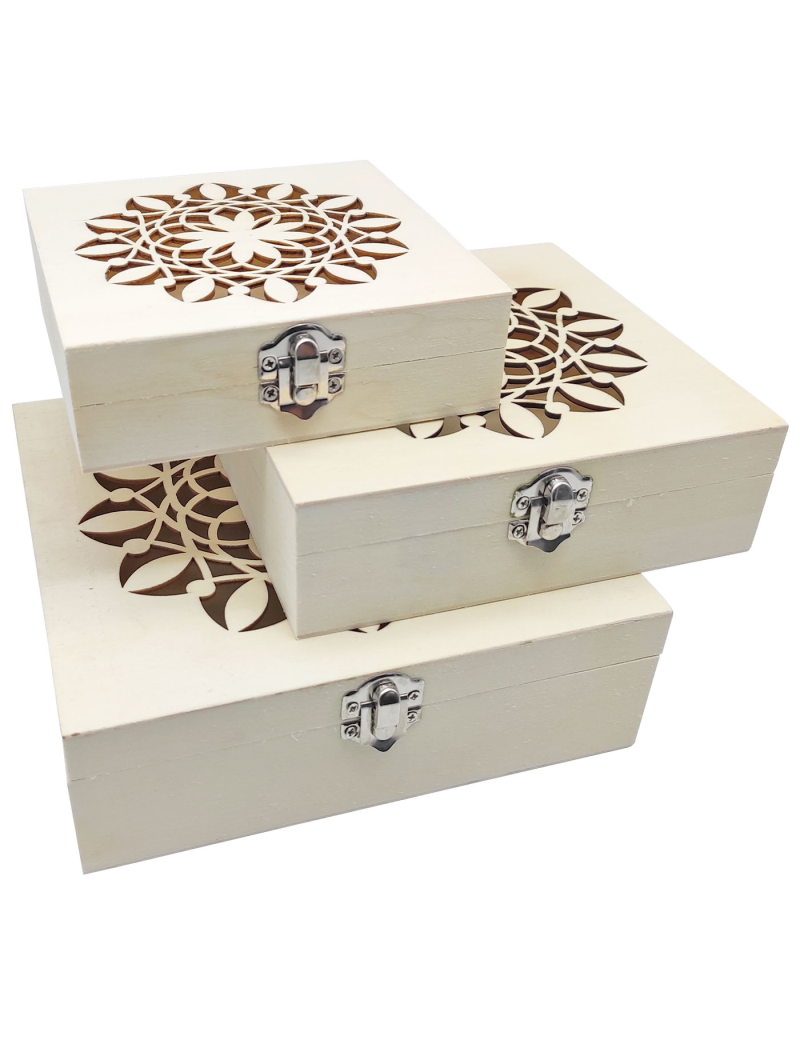 Set de 3 cajas de madera natural con tapa decorada, juego cajas decorativas  sin tratar, cierre metálico, almacenaje