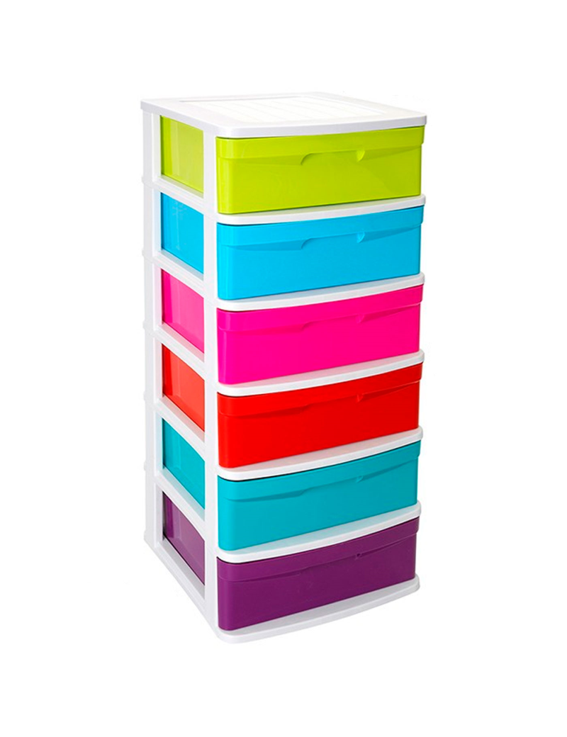 Cajonera de almacenaje modelo Sena, 6 cajones multicolor, plástico, torre  de ordenación multiusos, hogar (Blanco, 96