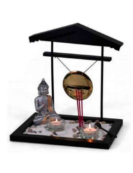 Jardín zen con Buda, gong,...