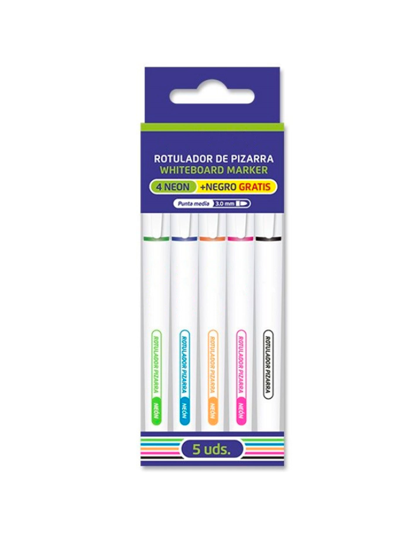 Pack de 5 rotuladores de colores neón para pizarra blanca, punta media de 3  mm, marcadores de borrado en seco, uso e