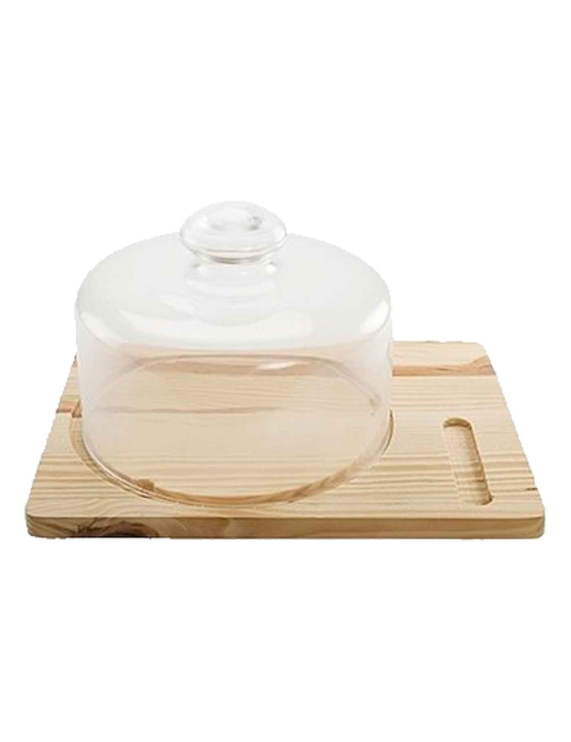 Quesera redonda con tapa fabricada en vidrio y base de madera rectangular -  Recipiente para conservar queso o embuti