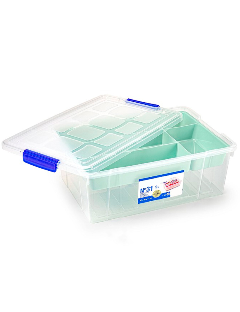 Caja de plástico con tapa y bandeja Nº31, transparente, cajón de