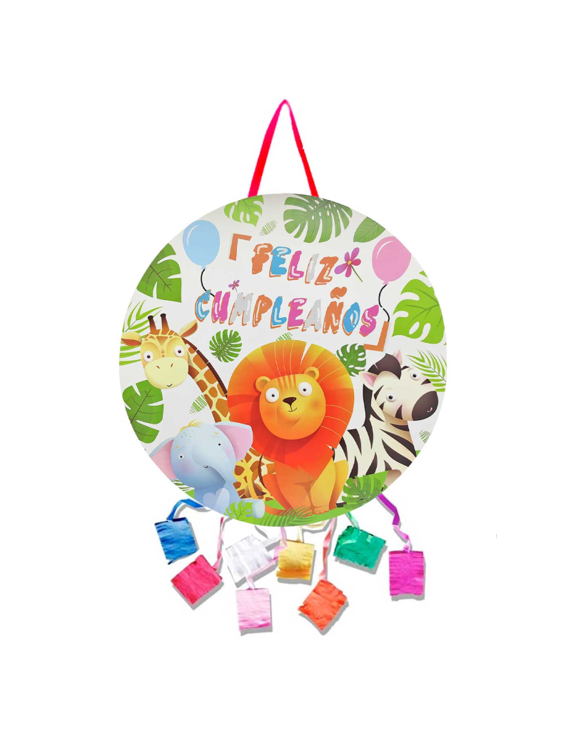 Piñata redonda de feliz cumpleaños con animales, cartón, rellenar