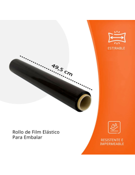 Film Transparente o Negro elástico para embalar, 50cm x 200 Metros, Rollo  Manual de Film, 1 rollo (Transparente)