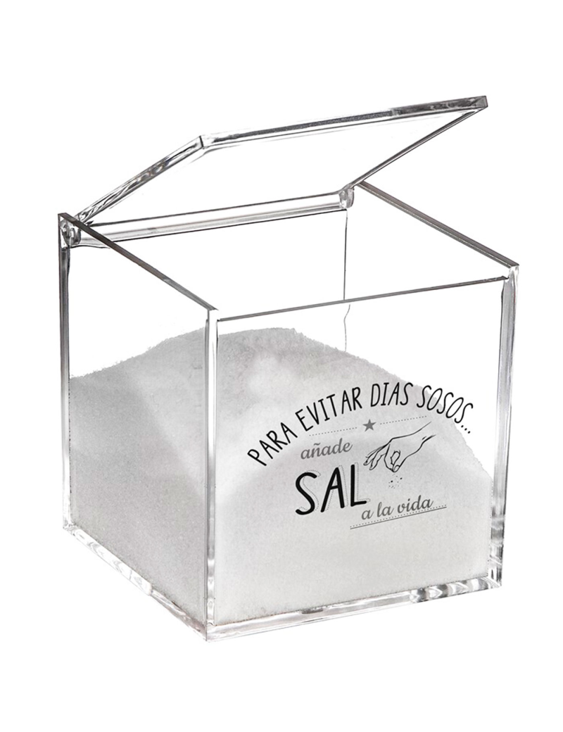 Salero cuadrado de metacrilato transparente, tapa abatible, Añade sal a la  vida, recipiente para guardar sal fina o
