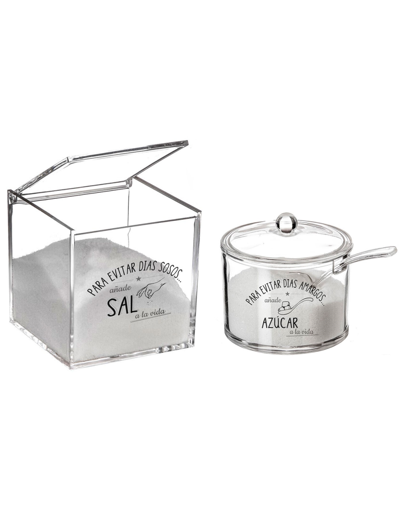 Tradineur - Set de salero y azucarero de metacrilato transparente con tapa,  recipientes para guardar sal y azúcar, condimentos d
