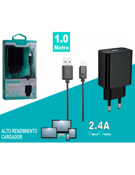 Tradineur - Cargador de móvil compatible con iOS, 2.4A, cable de 100 cm, carga  rápida, enchufe de corriente, smartphone, tablet