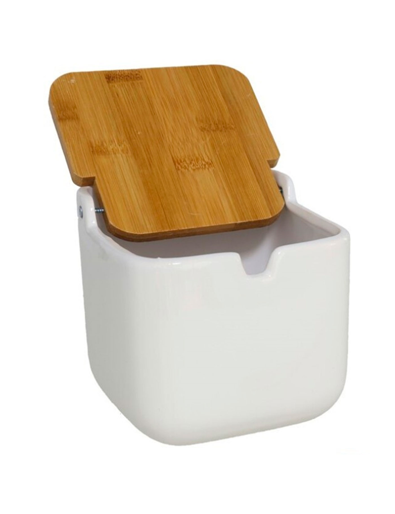 orgánico marca Docenas Salero de cerámica y tapa de bambú, recipiente para la sal, cocina, hogar  (Blanco, 11,3 x 11,5 x 12 cm)