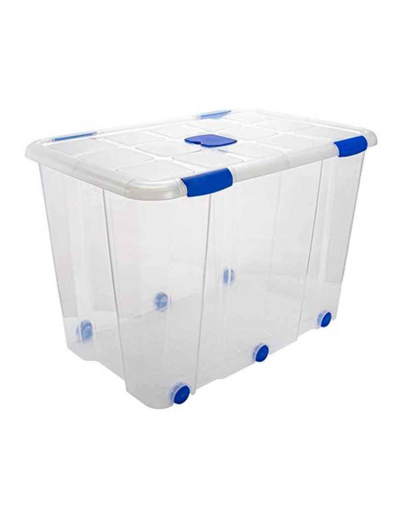 Caja de ordenación de plástico nº 19 transparente, con tapa, ruedas y asas,  capacidad 160 litros, 56 x 80 x 51.5 cm