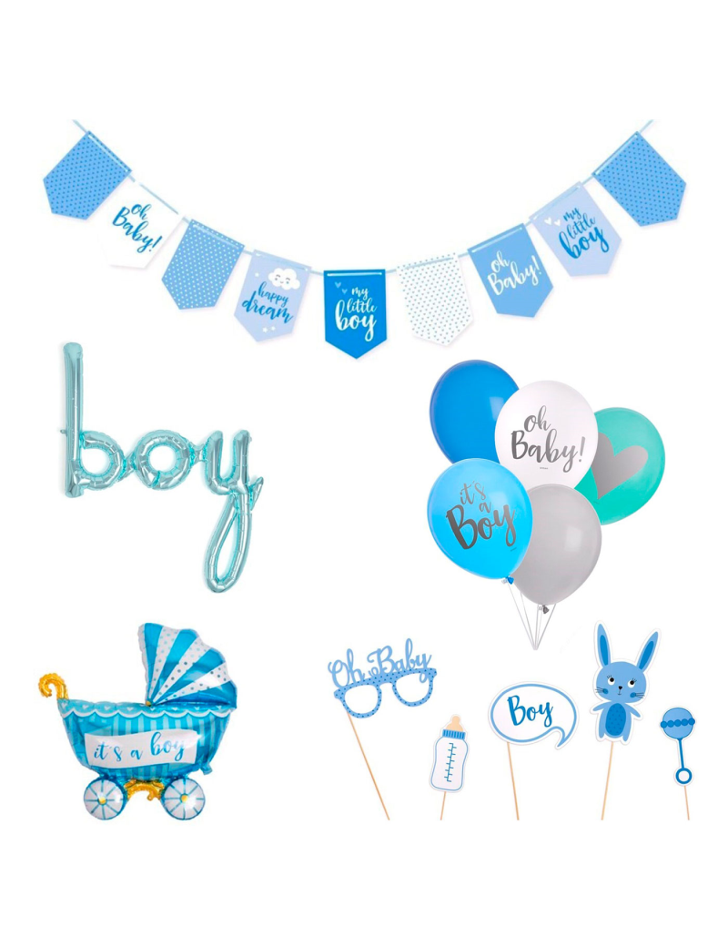 Babyshower Niño Kit Color Azul Con Globo De Cigüeña 