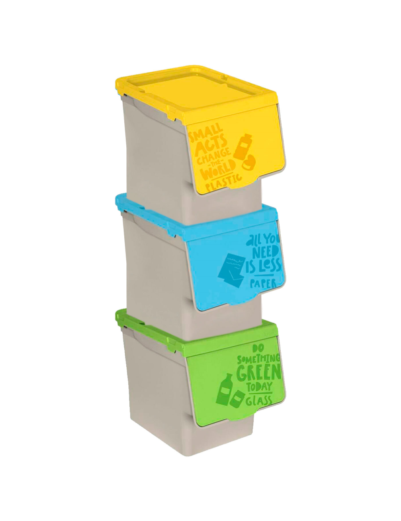 Pack de 3 contenedores apilables, polipropileno, cubos de basura,  almacenamiento de residuos, fácil apertura, recicl