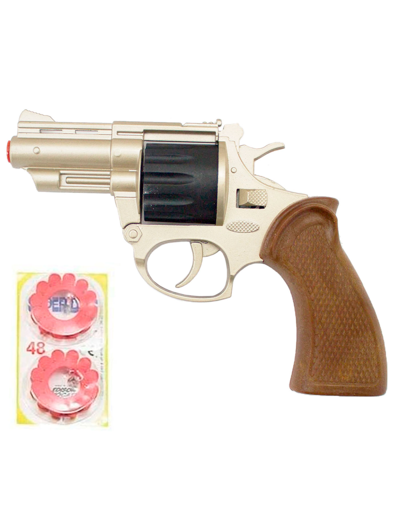 Revólver corto de juguete de policía con 48 fulminantes, 17 x 11,5 cm,  pistola recargable con disparos sonoros, 4 di