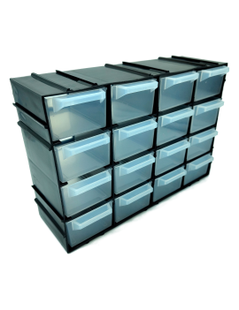 Clasificador apilable con 16 cajones, negro, 17 x 27 x 12 cm. Módulo,  estante organizador de plástico para piezas pequeñas, tall